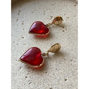 Red Heart Dangle Earrings Gold Tone Puffed Lucite Resin Romantic Statement